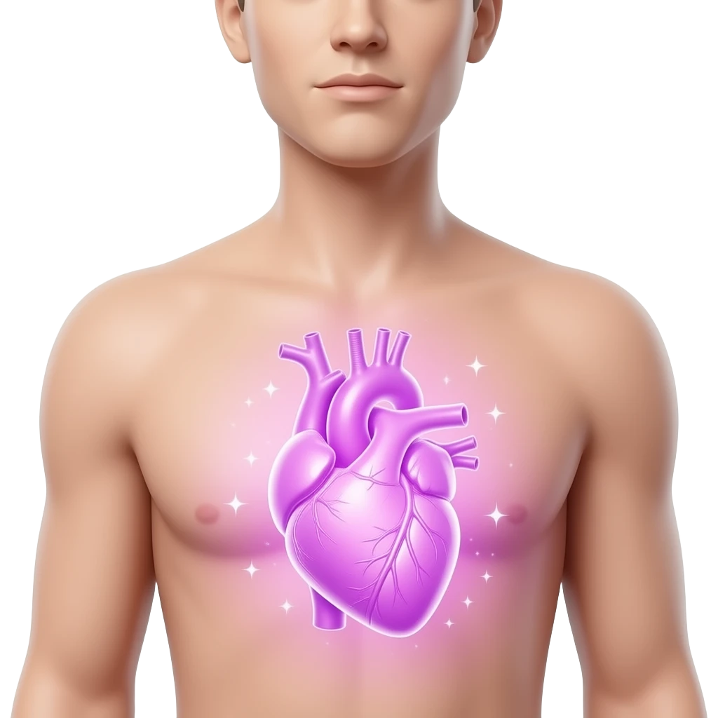 iOS-style emoji of a human torso with a glowing anatomical heart in the chest, soft pink-purple aura with sparkles, smooth gradients, glossy finish, minimal details, neutral background. emoji