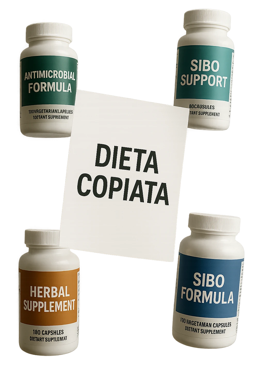FOGLIO DI CARTA FLUTTUA IN ARIA CON LA SCRITTA "DIETA COPIATA", INSIEME A BARATTOLI DI INTEGRATORI PER CURARE IL SIBO IN ITALIANO, IPERREALISTICO 4K, NON DISEGNATO emoji
