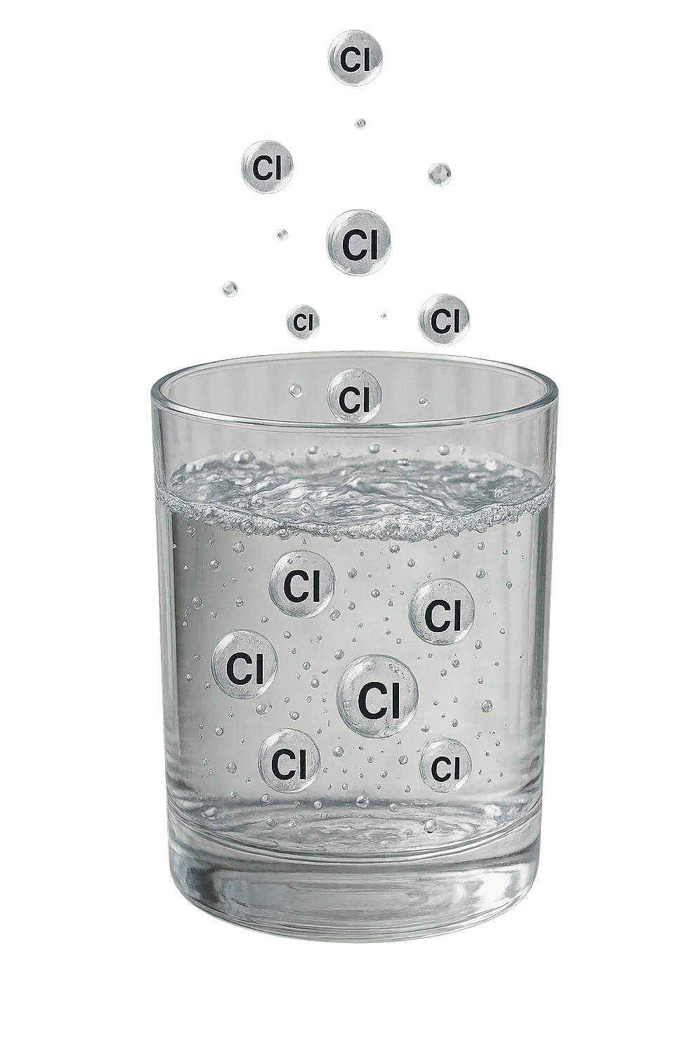 un bicchiere di acqua fluttua in aria realistico e dettagliato, dentro l'acqua del bicchiere ci sono particelle di cloro ben visibili con la scritta "Cl" sopra, ci sono particelle anche che escono dal bicchiere e fluttuan
o in aria verticalmente, mentre alcune sono all'interno dell'acqua nel bicchiere, iperrealistico 4k emoji