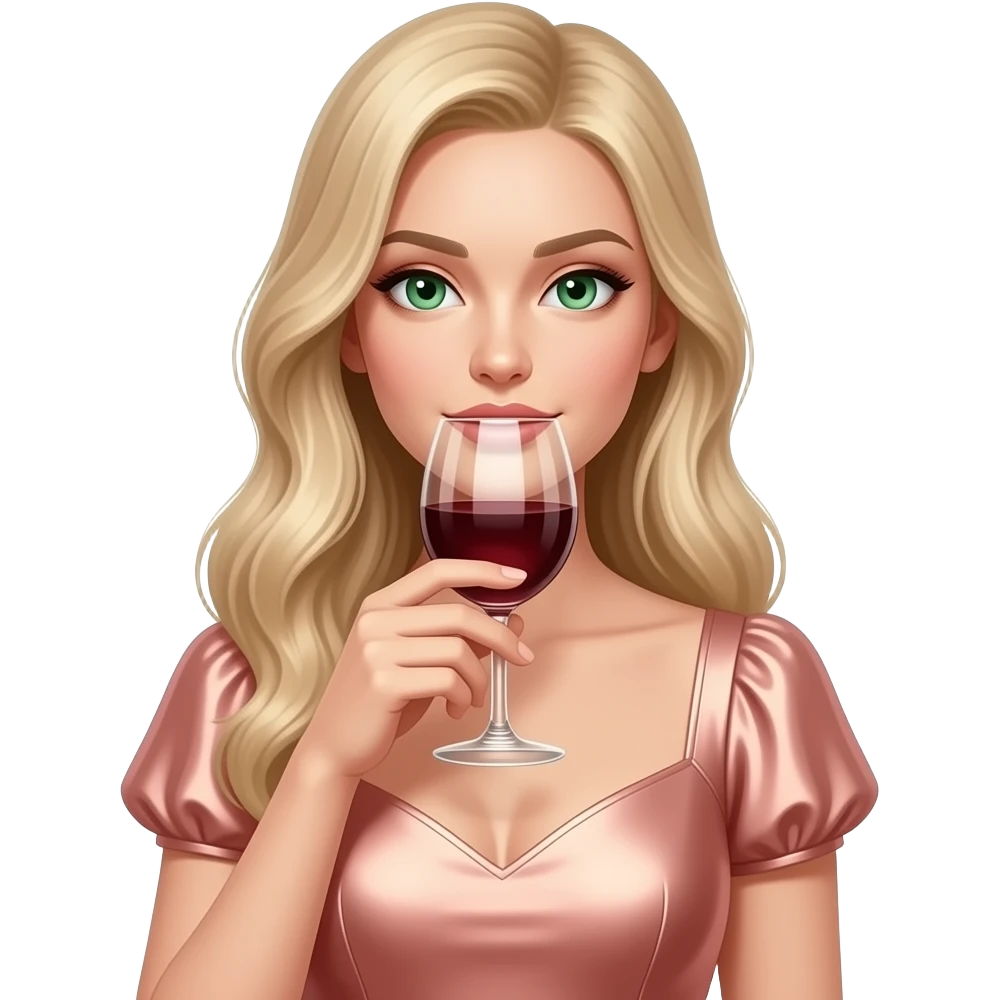 Beautiful blonde model with long hair and green eyes, wearing a rose gold dress with short details, sipping a glass of wine. emoji
