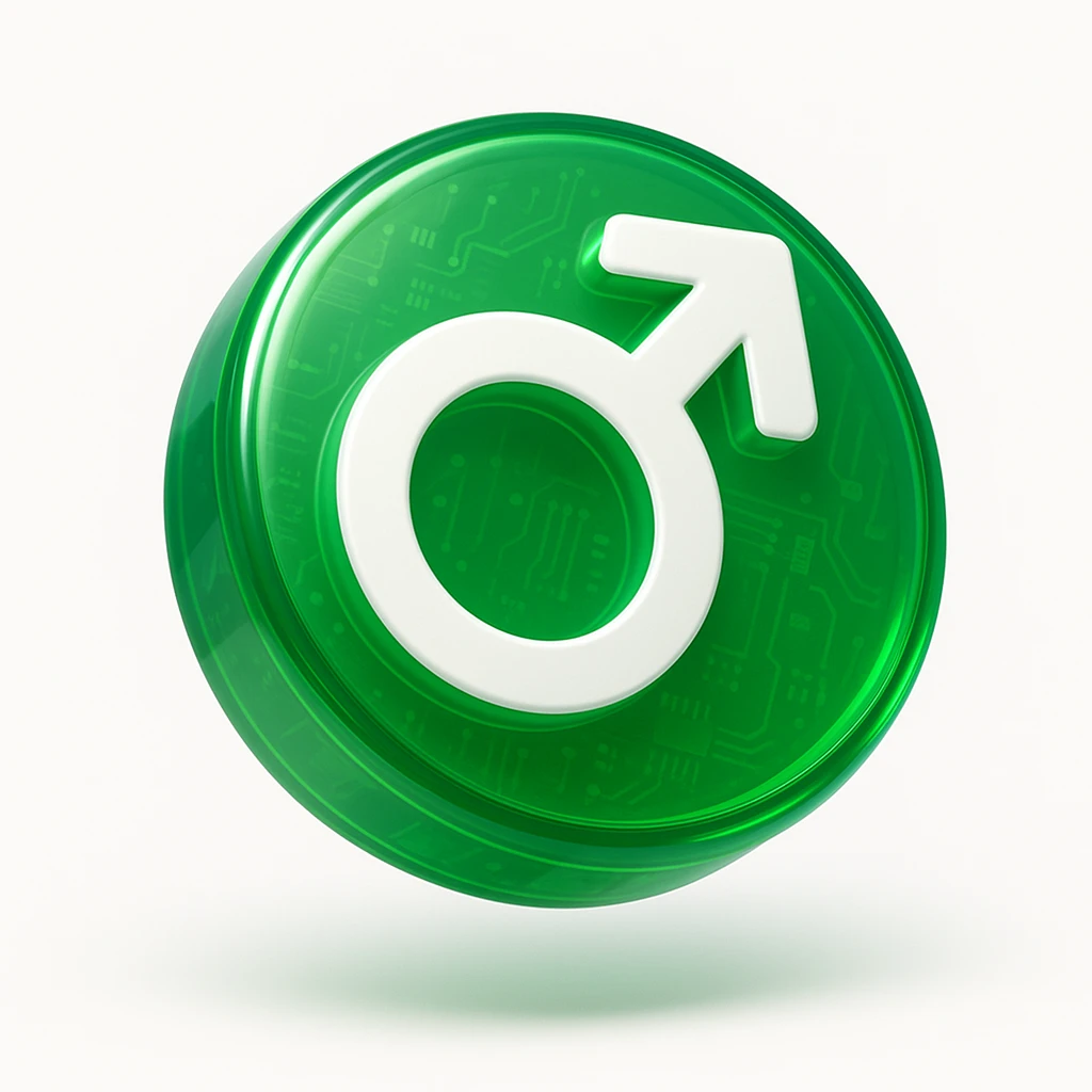 Create a white 3D circle with a bold male symbol (♂) centered in the middle. Use the same glossy, rounded, and vibrant style as the provided green checkmark icon. The background should be white, and the male symbol should be prominent and centered. emoji