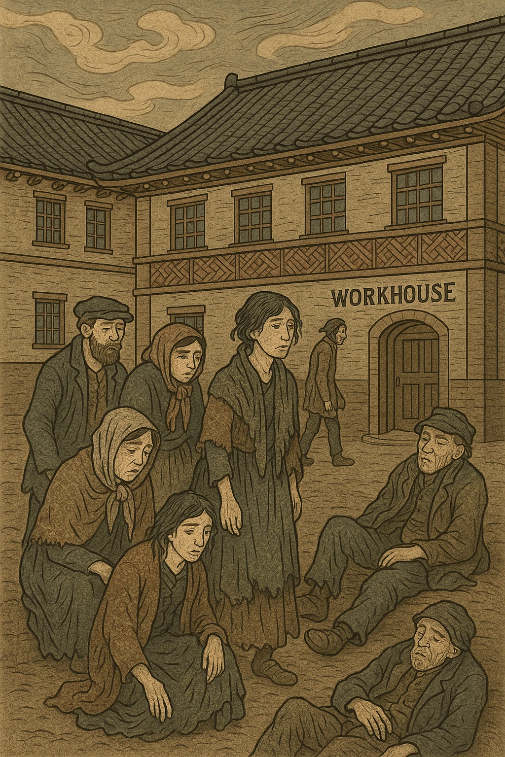 a Victorian workhouse for the poor and ill, detailed architecture, somber mood, people in ragged clothing, muted colors, historical setting, ukiyo-e style emoji