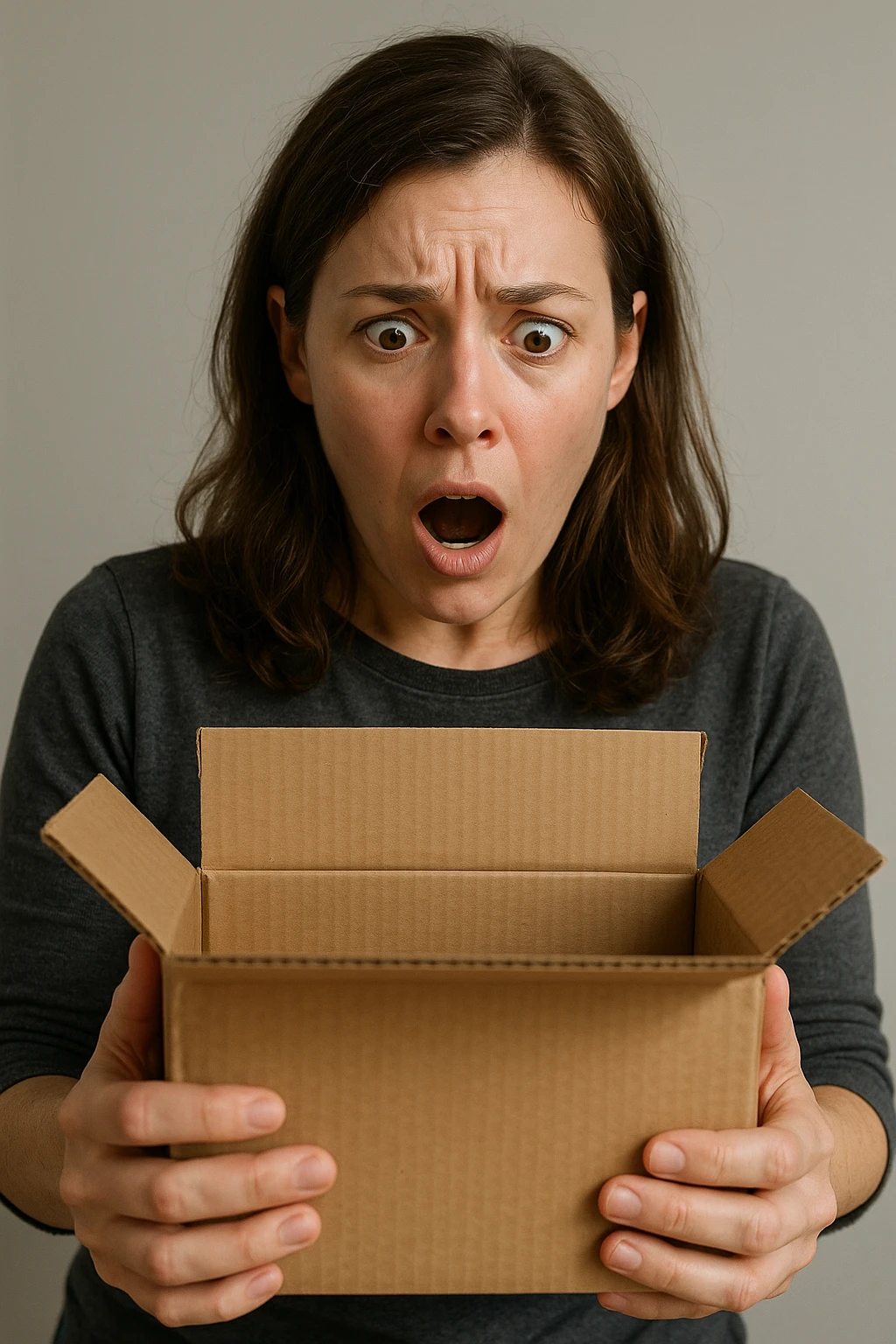realistic shocked person opening a package, focus on facial expression and package, neutral background, detailed facial features, surprise expression emoji
