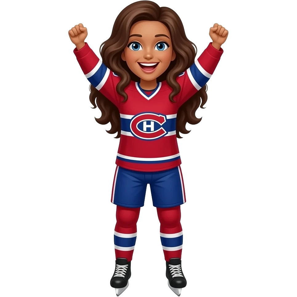 Cheering Habs Montreal fan red jersey emoji, brown lady with  long brown curly hair emoji