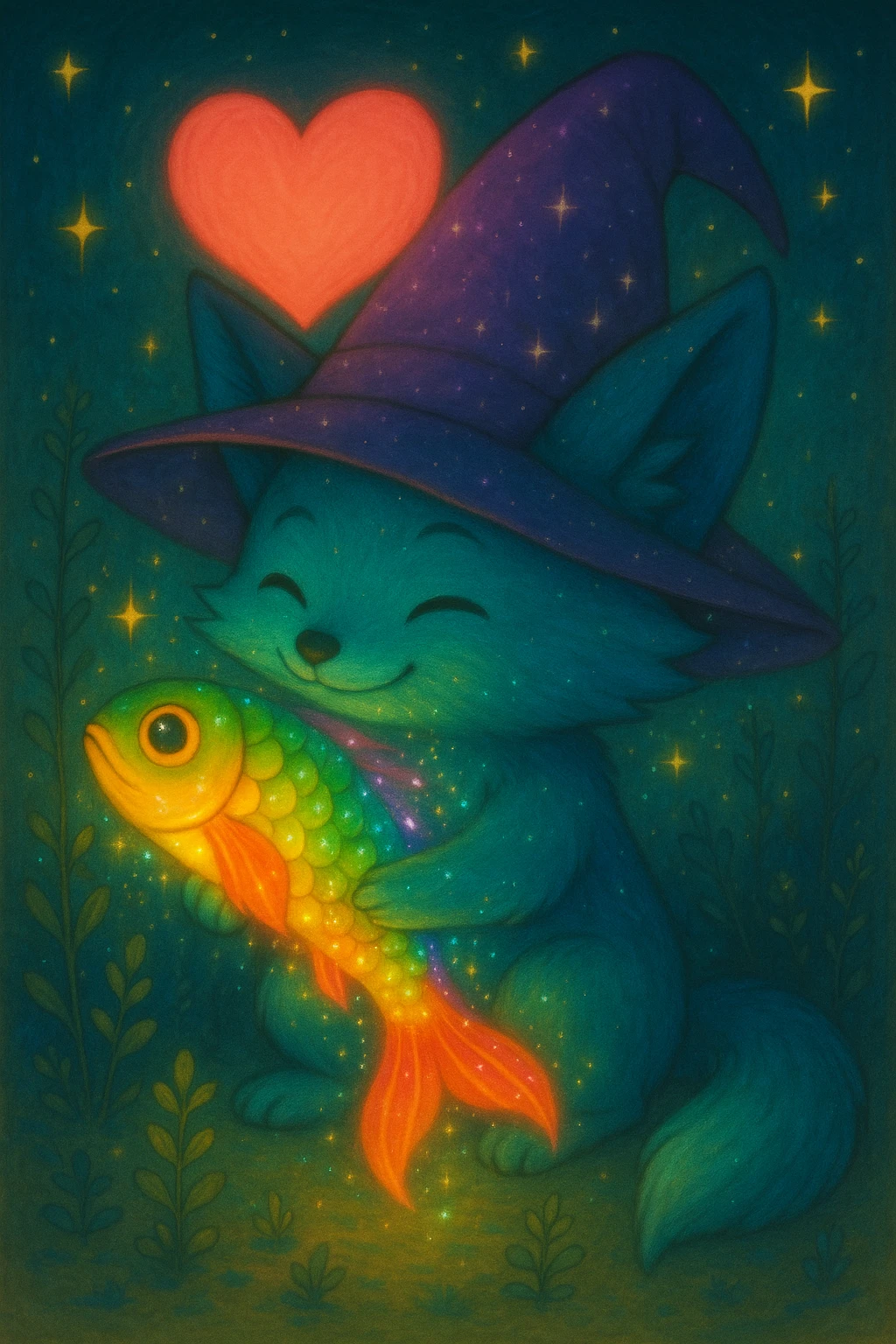 Make the rainbow fish glow with a magical aura and change the blue fox to a neon teal color, keep the purple sparkly witch hat, magical background, and big pink heart in ghibli style. emoji