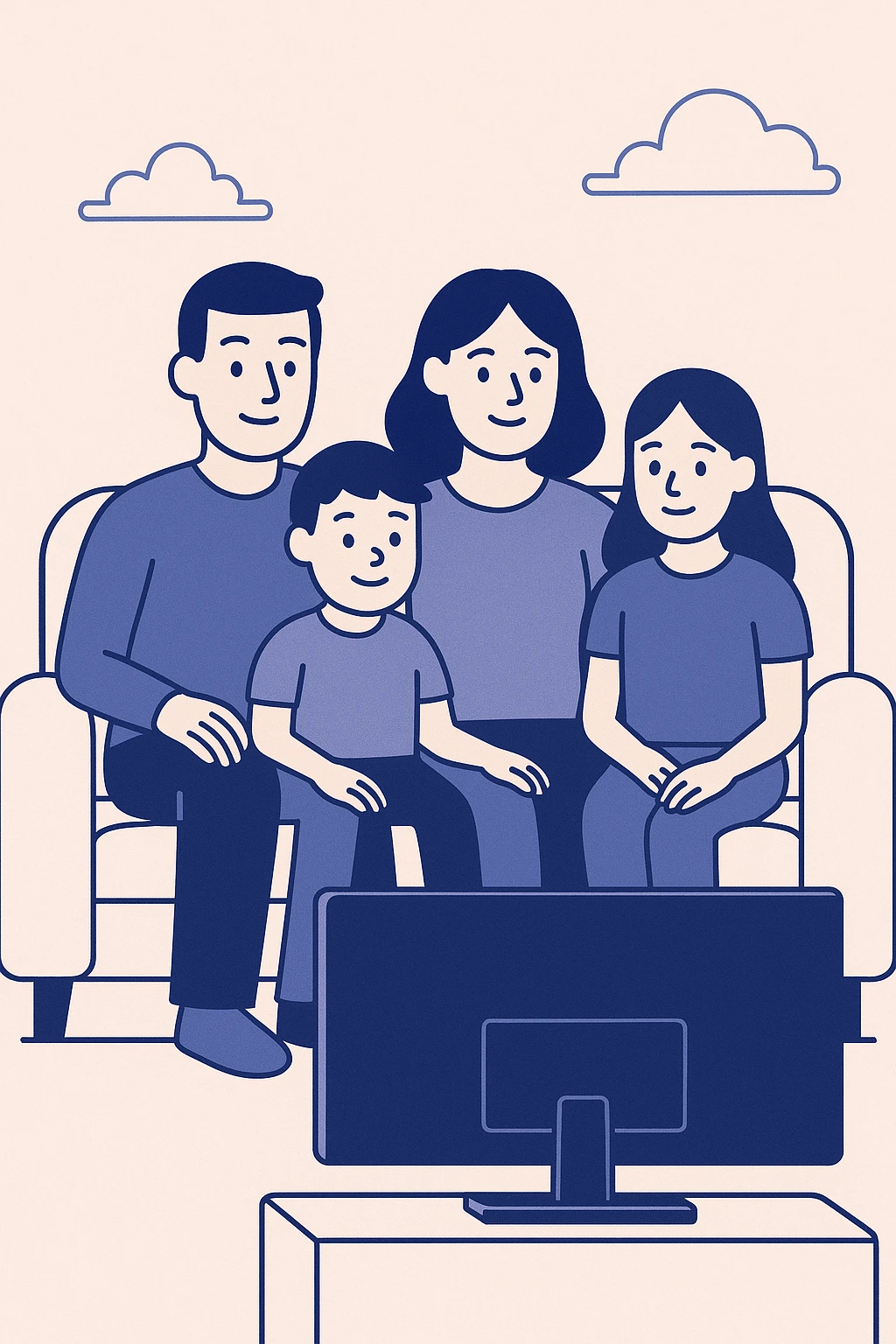 family sitting on sofa watching TV together, simple flat design, minimal colors emoji