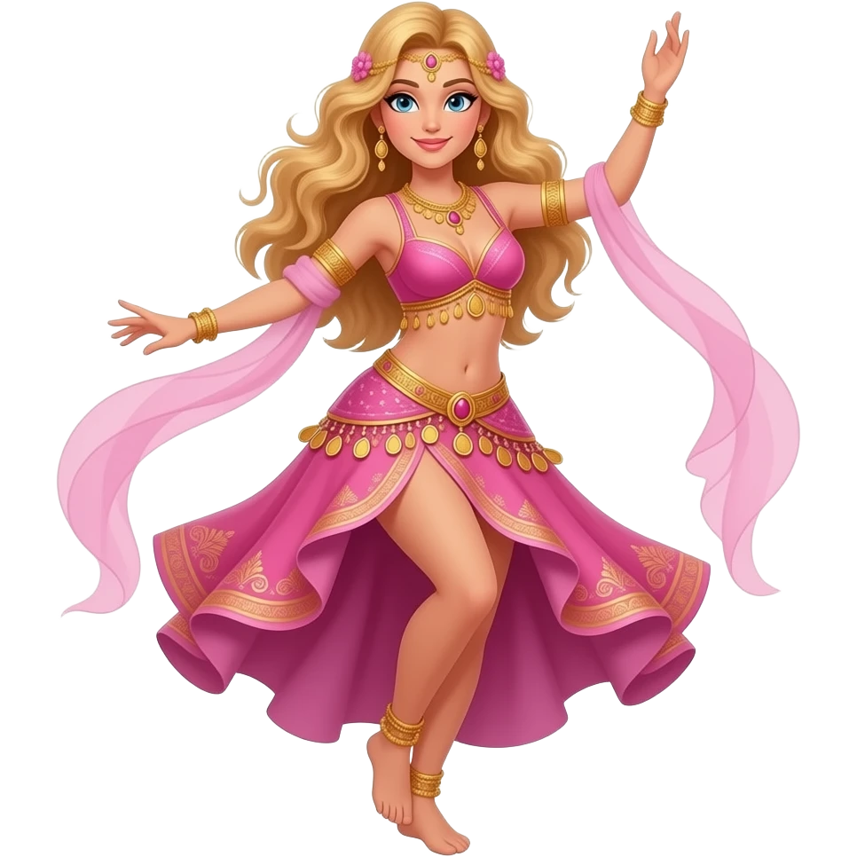 девушка с блондом волосами танцует восточные танцы в розовом костюме восточном отдельно топ и и короткая юбка с монетами emoji