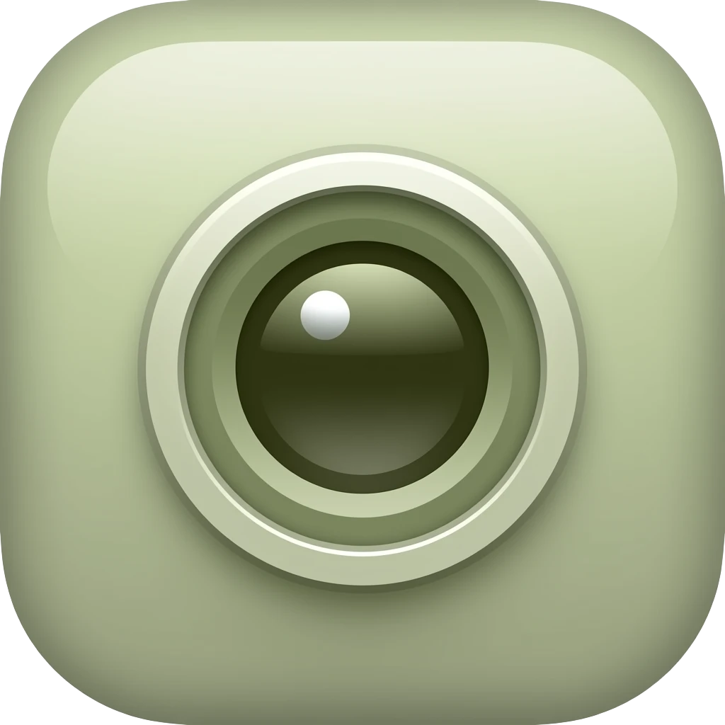minimal camera icon, soft rounded design, modern and clean,  muted earthy palette with dark olive green, soft sage green, emoji