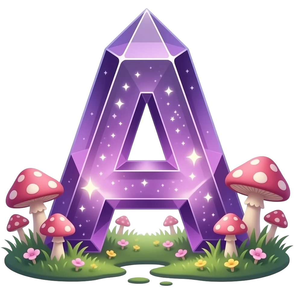 A letter 'A' carved out of a singular, transparent Amethyst crystal, internal glowing magical light, surrounded by soft glowing mushrooms, magical realism style, detailed, 3D, shimmering particles, fantasy illustration emoji