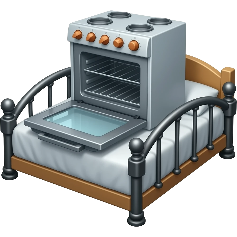 An empty Hot Oven sitting on a bed wearing black restraints emoji