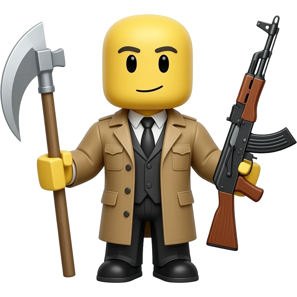VIADIMIR KOLTSOV (roblox character who is yellow hes bald  and is holding a sickle and a  ak47 and has a brown trenchcoat emoji