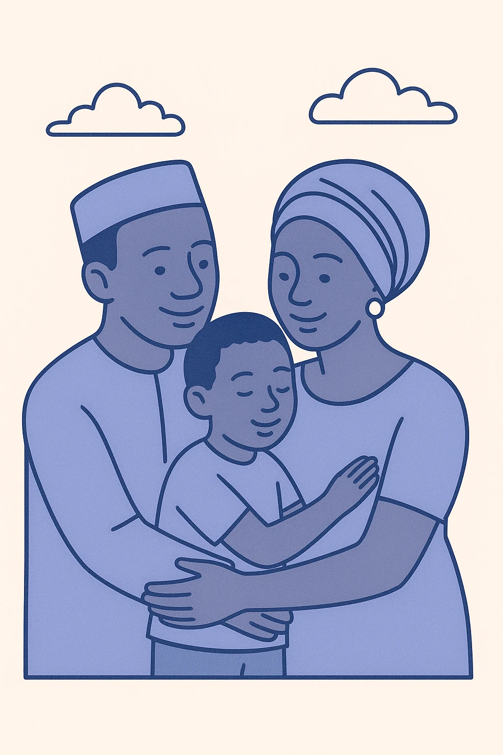 African parents, traditional attire, warm family moment, flat illustration emoji