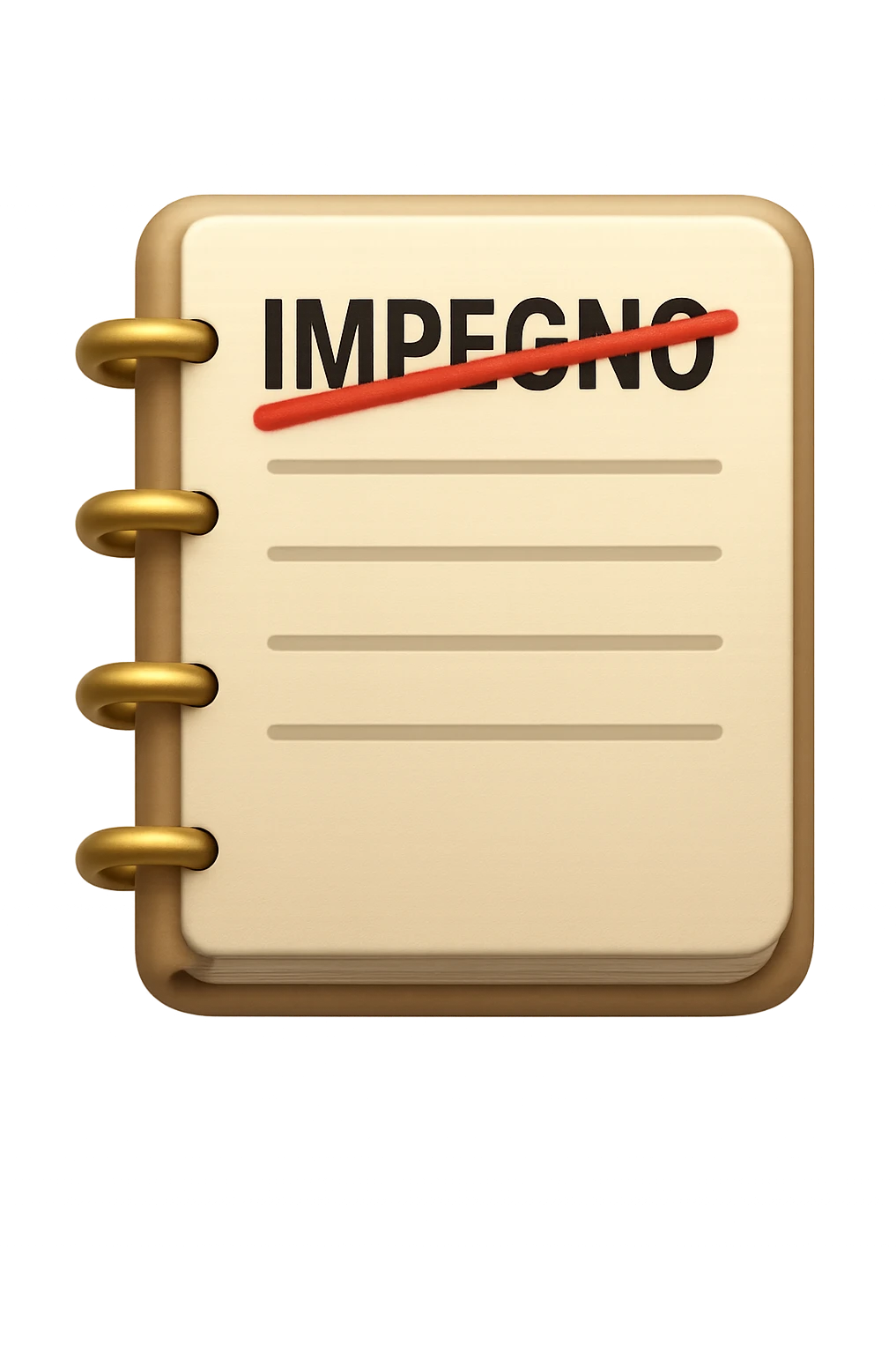 emoji stile iphone di un agenda con la parola "IMPEGNO" SCRITTA SOPRA E UNA CANCELLATURA ROSSA SULLA PAROLA, iperrealistico 4k emoji