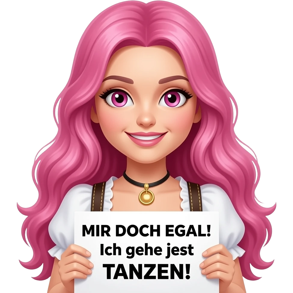 sexy girl with long pink hair and pink eyes wearing a dirndl holding a MIR DOCH EGAL! Ich gehe jetzt TANZEN! sign emoji