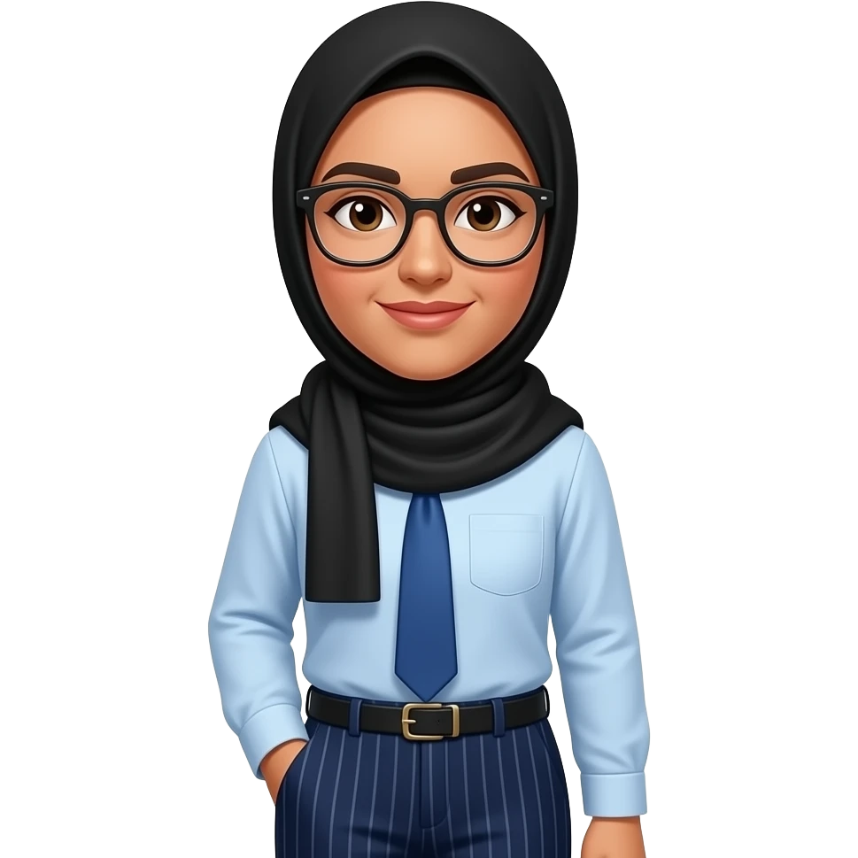 make someone who u think is hiba, make her wear a black hijab, blue tie, wearing light blue shirt, dark blue pants with stripes, pakistani skin and glasses emoji