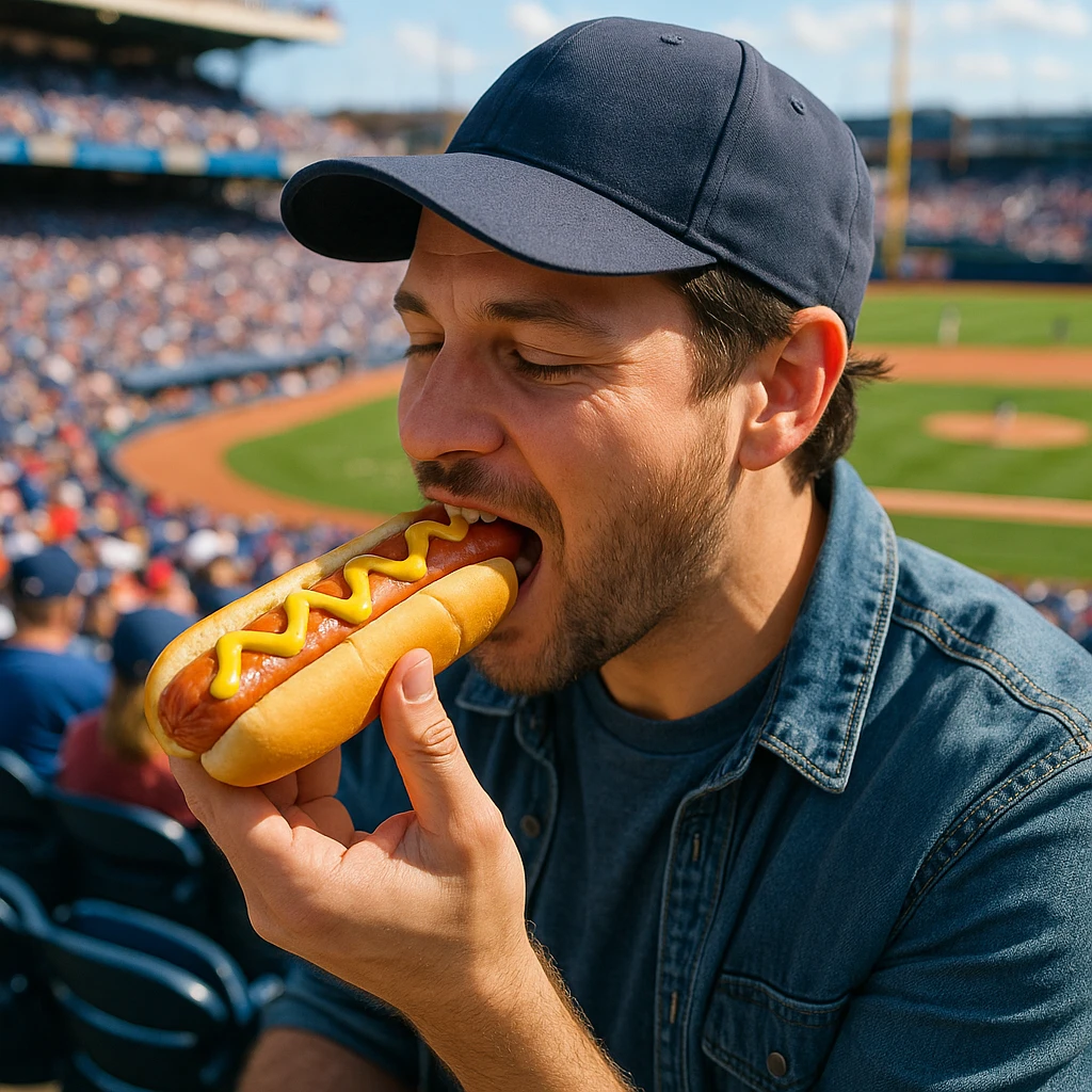man eating a hot dog at a baseball game emoji