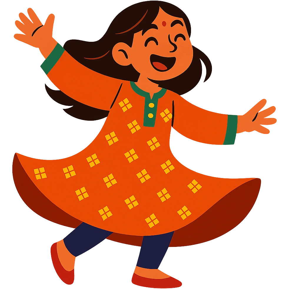 girl in ethnic kurta dress, mid-twirl, expressive and fun emoji