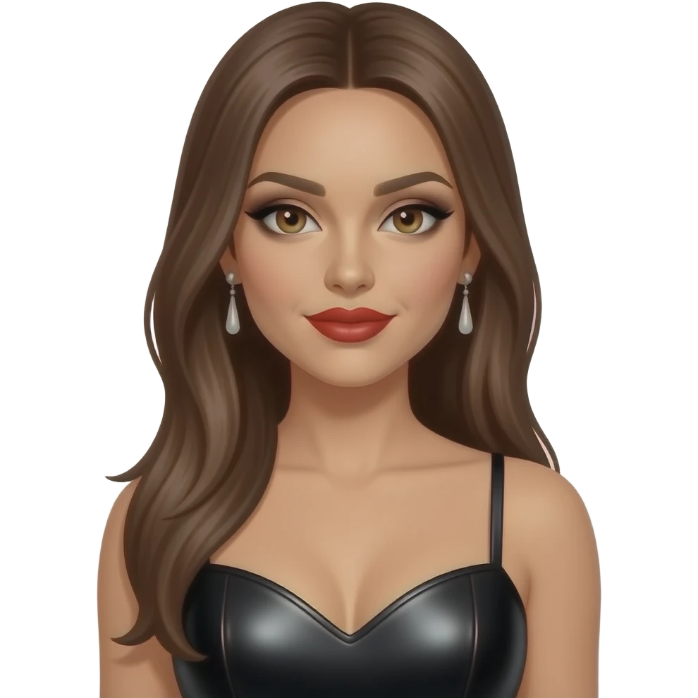 Jessica Sutta from The Pussycat Dolls with hazel eyes, long brunette straight hair, black eyeshadow, red lipstick, black metallic sweetheart dress, earrings emoji