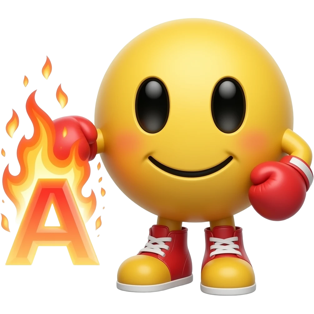 Traditional PAC man with no eyes with flames arm punching with a boxing the letter A in flames emoji