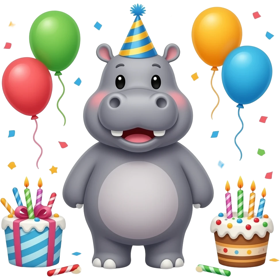 Hippo birthday ! Party hat and and happy on its birthday and all the accessories and celebrations celebrating its day :) emoji
