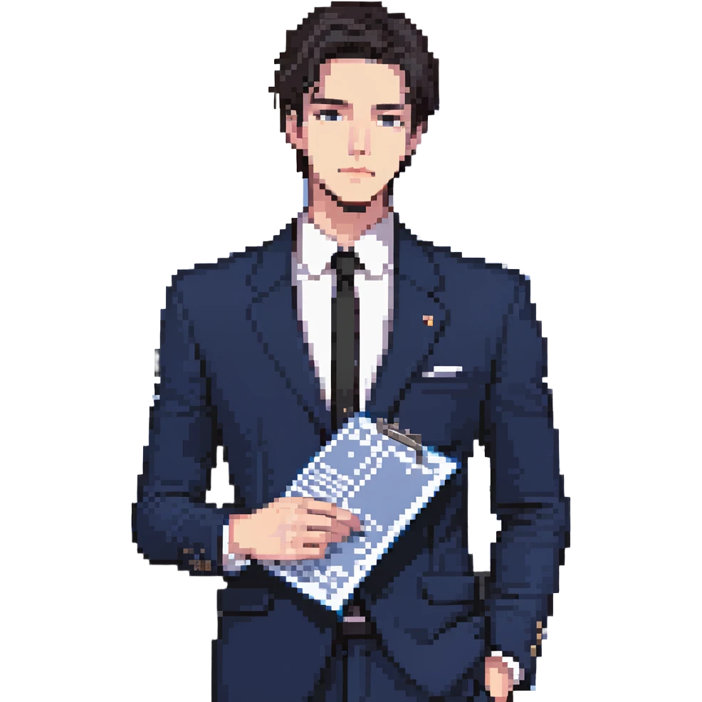 Flat pixel art, focused and confident male strategist, fair skin, short sleek dark hair, intense sharp eyes, wearing a deep indigo suit jacket over a black shirt, holding a blueprint in one hand, other hand thoughtfully touching chin, waist-up, front-facing emoji