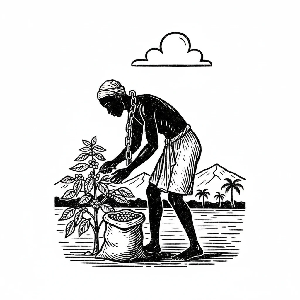 Сгенерируй мне в стиле черно белой гравюры африканского раба с цепью на шее который собирает КОФЕ. Гравюра должна быть максимально минималистичной emoji
