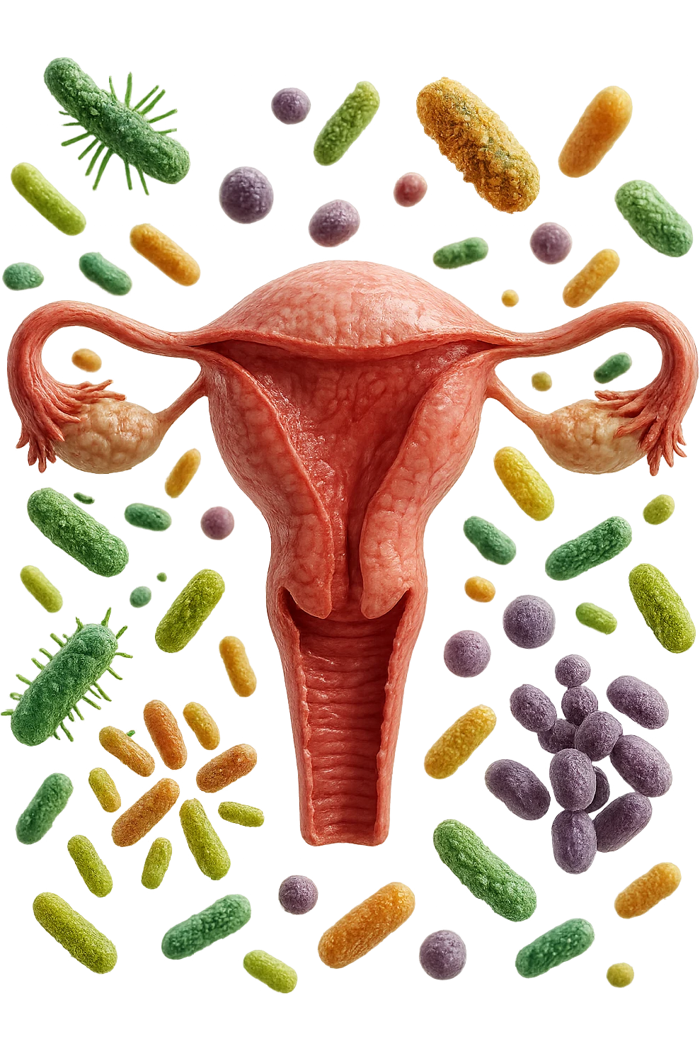 batteri intestinali fluttuano intorno ad un utero umano anatomico, iperrealistico 4k emoji