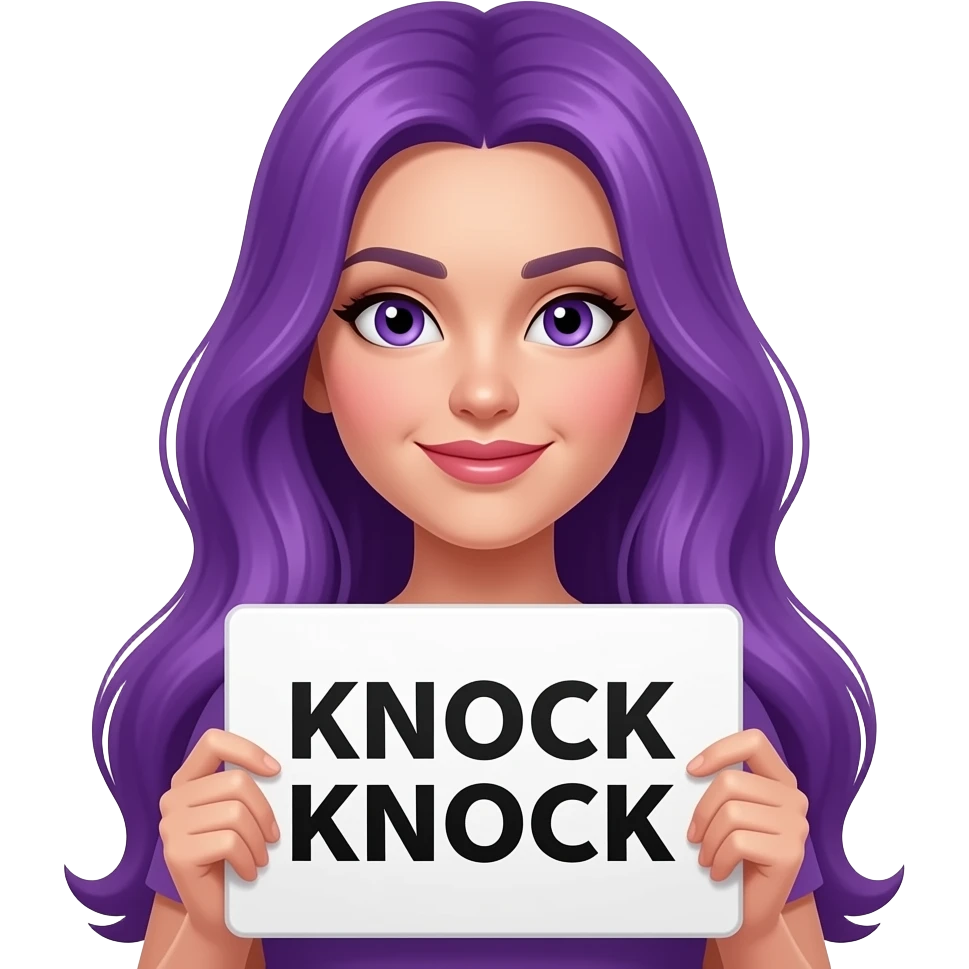 sexy girl with long purple hair and purple eyes holding a KNOCK KNOCK sign emoji