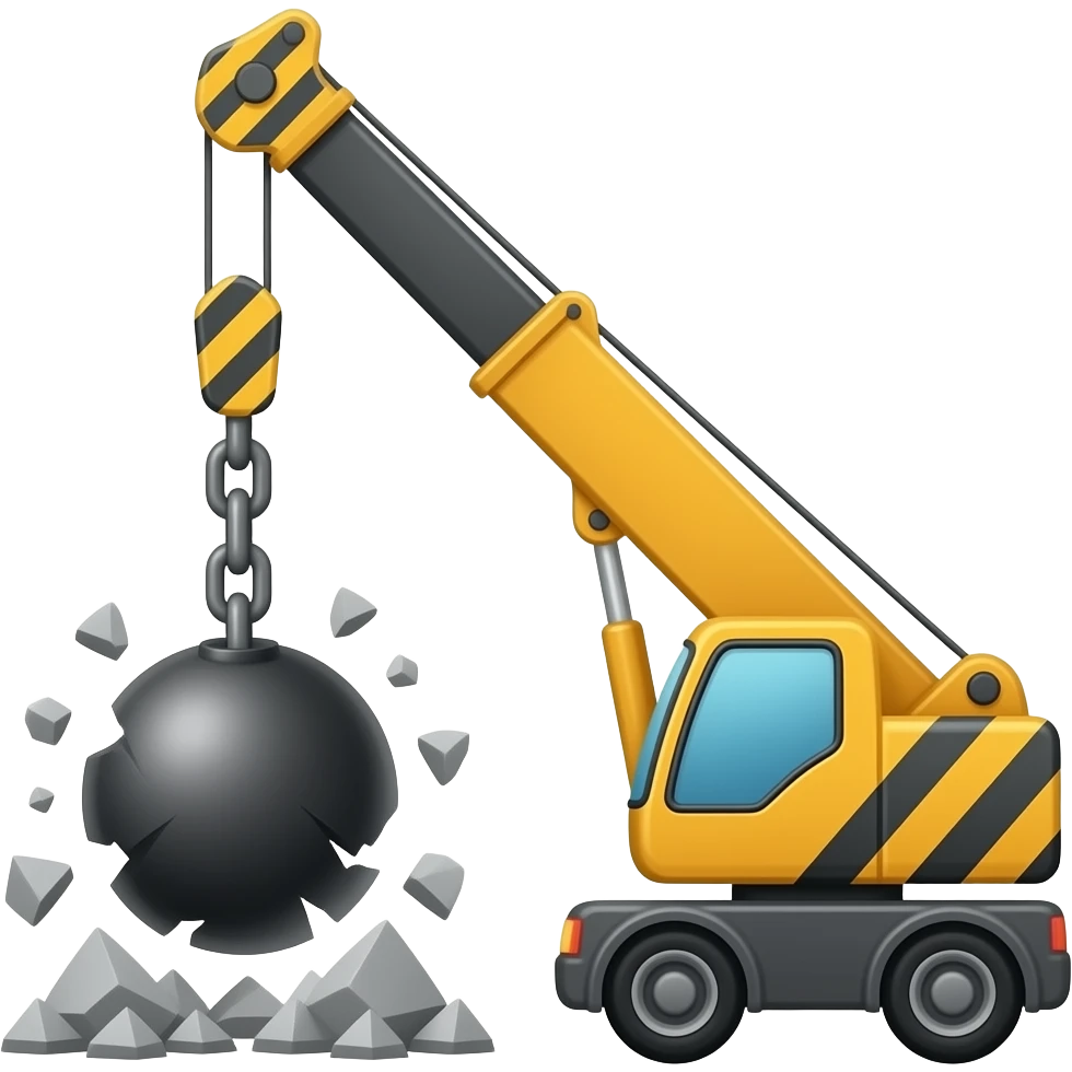 A wrecking attached by a thick chain to a boom on the crane emoji