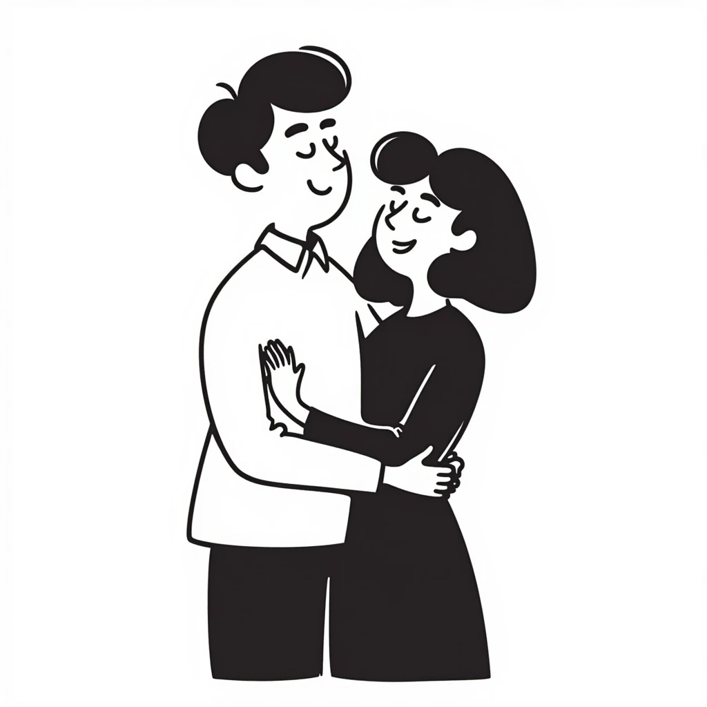 white man with brown hair and white woman with black hair, in love emoji