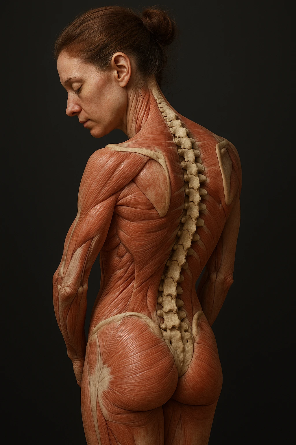 CORPO UMANO ANATOMICO di una donna di profilo con spalle chiuse e postura incurvata, spina dorsale in evidenza, IPERREALISTICO 4K emoji