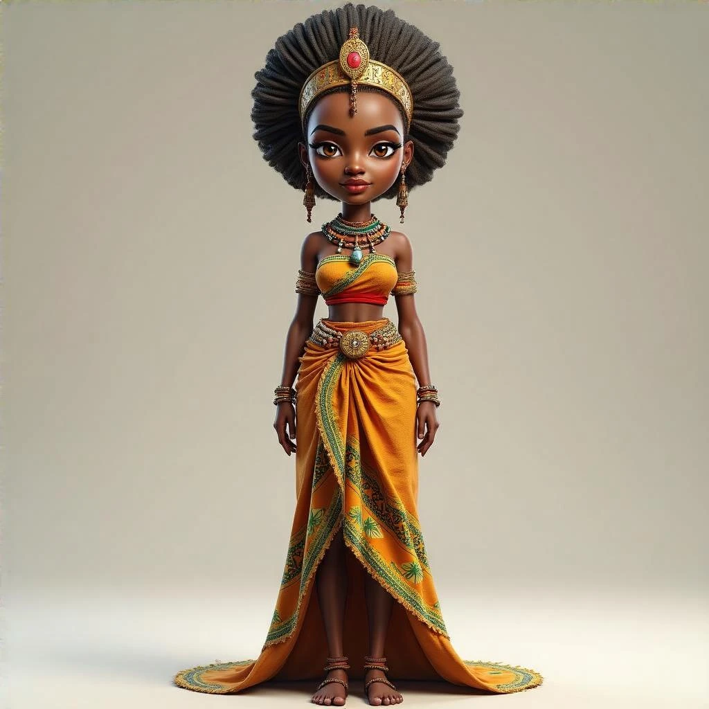 Create me a Stylized 3D Character Art of an beautiful African queen wearing traditional modern Ethiopian Habesha dress for a Strategy Game. Make it have a balance of realism and caricature. emoji