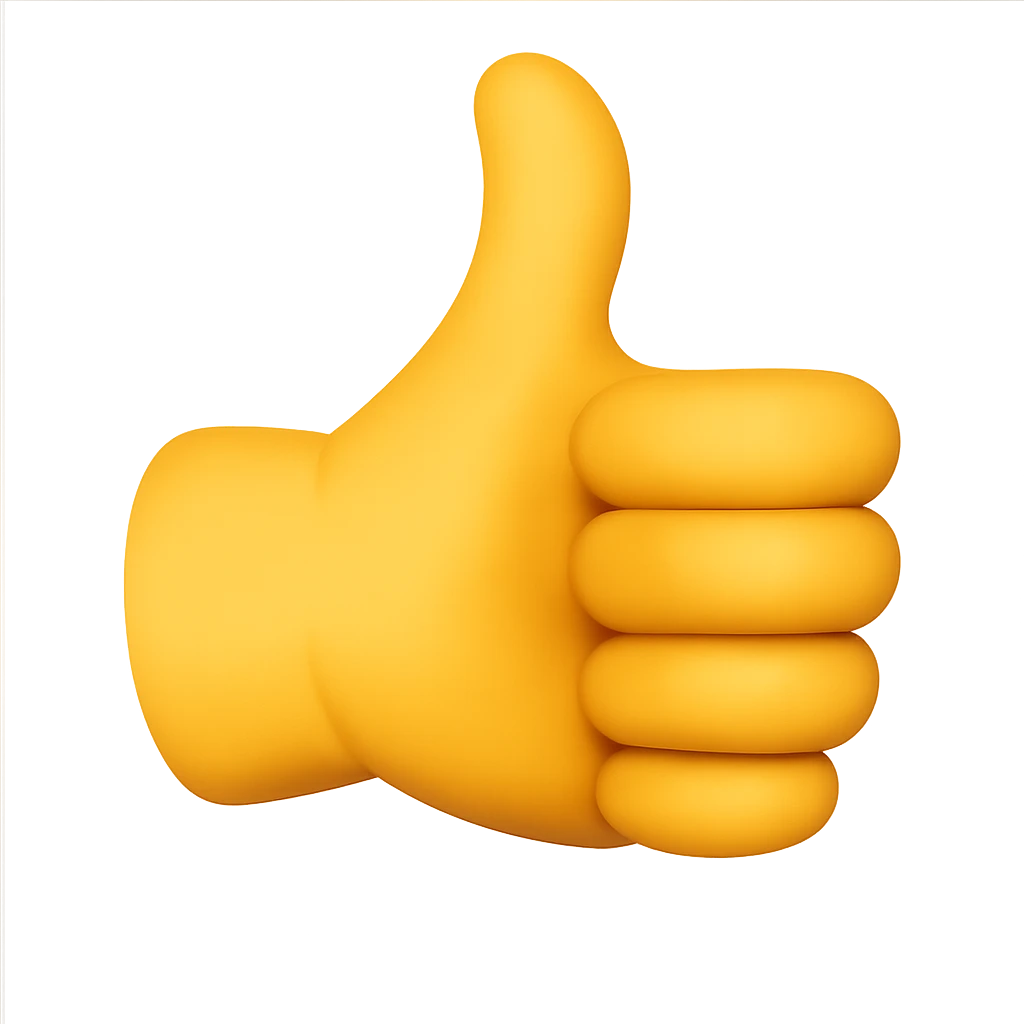 Create a 50% realistic emoji of just a hand giving a thumbs up, blending emoji style with realism, focusing on a clear and expressive thumbs up gesture. Use a transparent background. The style should be a mix of emoji and realistic hand details, inspired by the reference photo. emoji