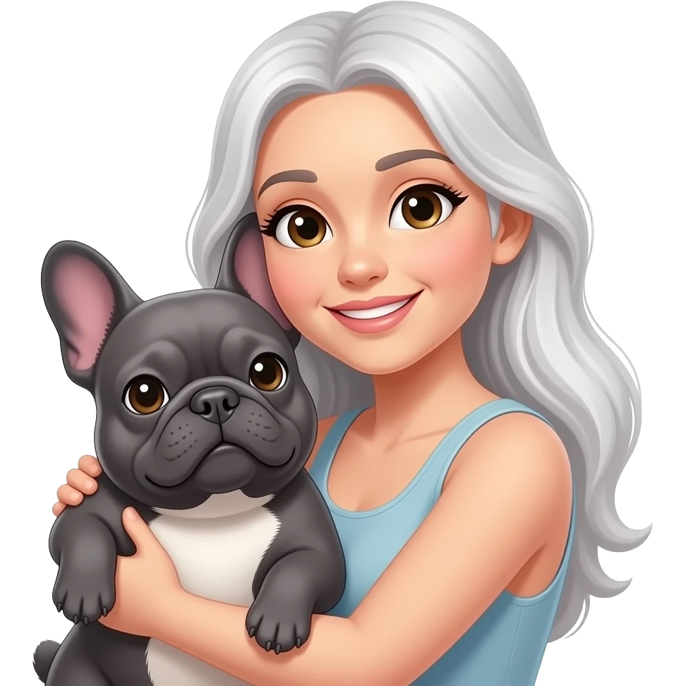 White woman with long white gray hair cuddling plump gray french bulldog emoji