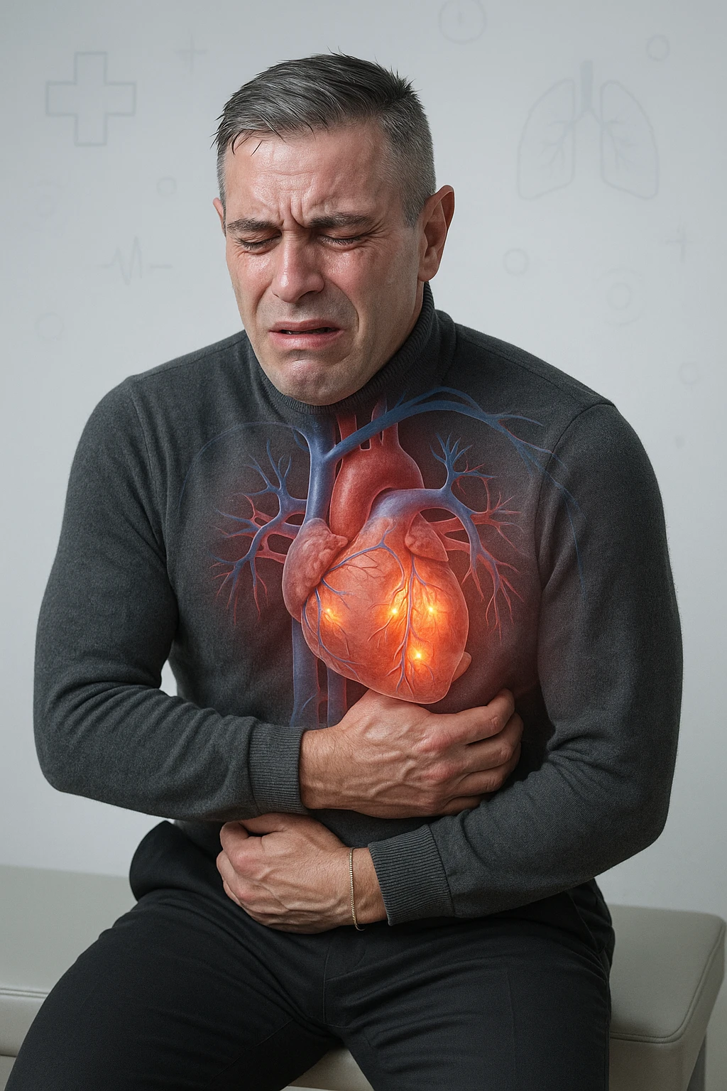 a middle-aged man sits on a bench, clutching his chest with a pained expression. His face is pale and sweaty, and his posture is hunched forward. A transparent overlay reveals his heart and major blood vessels, with highlighted areas indicating blockages or damage. The background is clean and clinical, with subtle medical icons. emoji