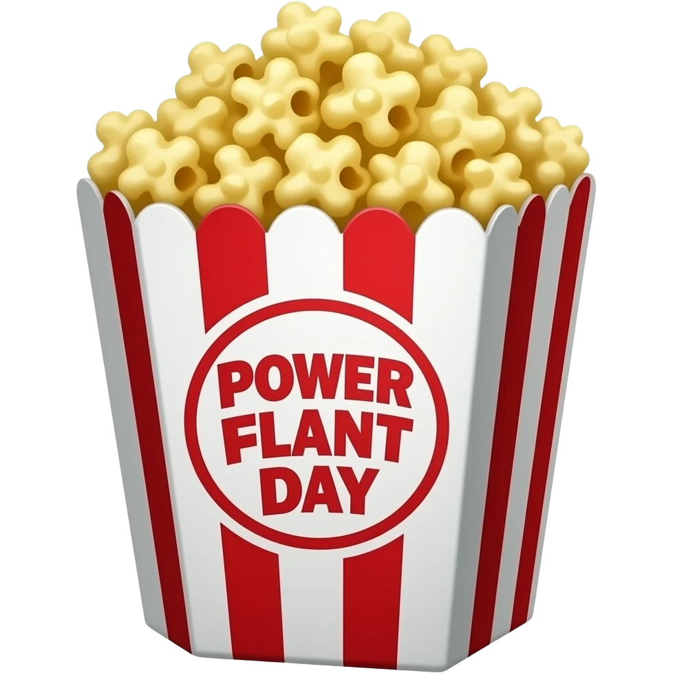 popcorn in a red and white box that says Power Plant Day in the front emoji