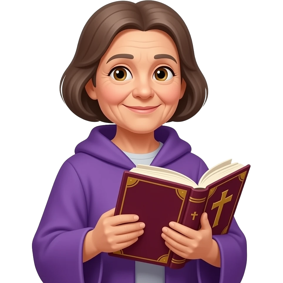 wise old woman slight smile with brown grey hair purple robe tan skin warm holding open burgundy book that has a cross on it emoji