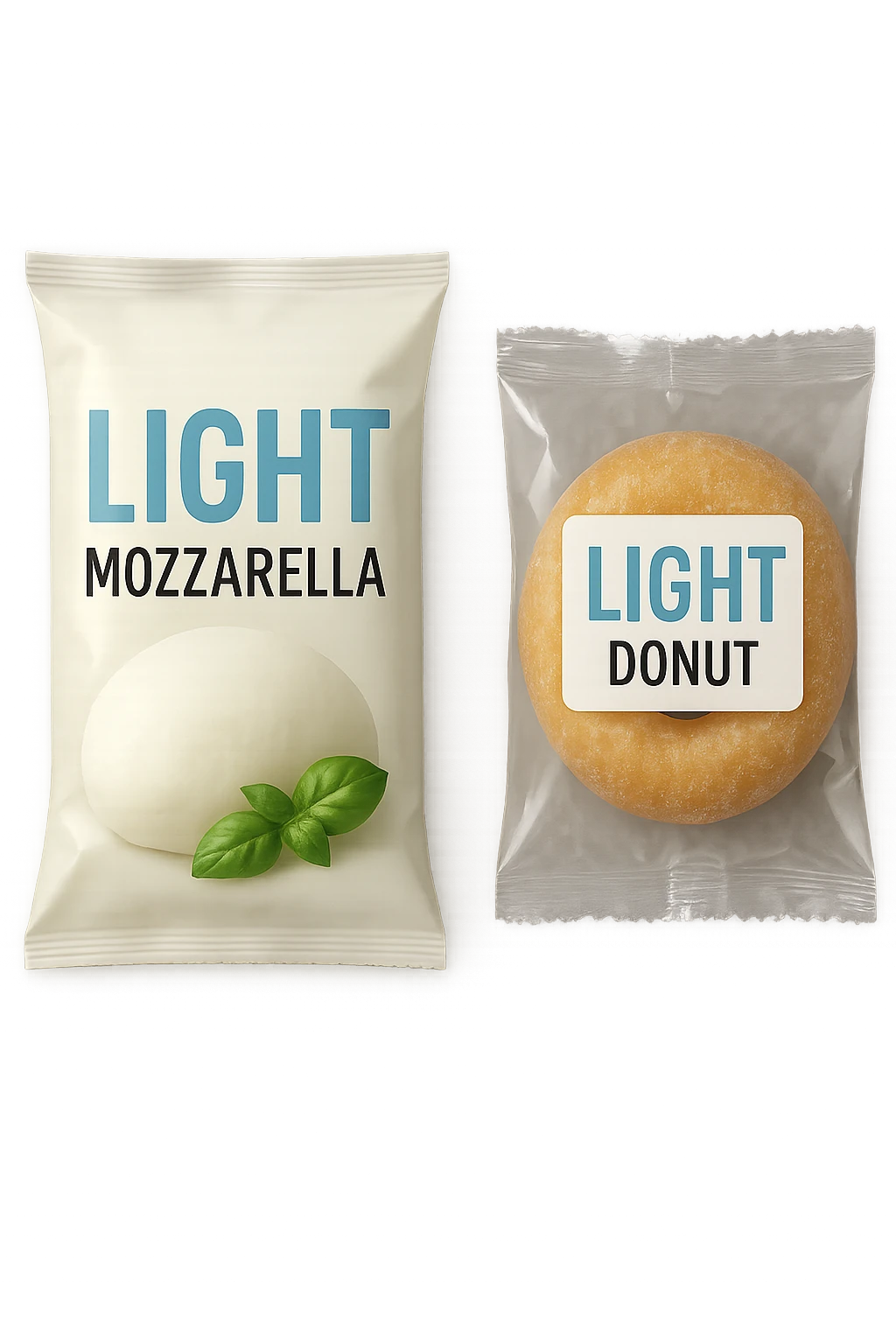 PACCHTTO DI MOZZARELLA LIGHT CON LA SCRITTA "LIGHT" SULLA CONFEZIONE, ACCANTO AD UN DONUT CONFEZIONATO CON LA SCRITTA "LIGHT" SULL'ETICHETTA,  iperrealistico 4k emoji