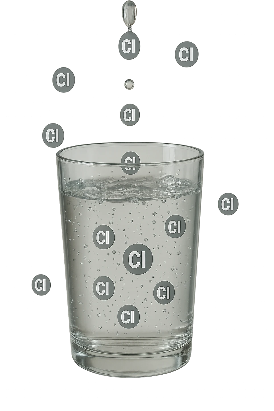 un bicchiere di acqua cade verticalmente dall'alto realistico e dettagliato, dentro l'acqua del bicchiere ci sono particelle di cloro ben visibili con la scritta "Cl" sopra, ci sono particelle anche che escono dal bicchiere e fluttuano in aria verticalmente, mentre alcune sono all'interno dell'acqua nel bicchiere, iperrealistico 4k emoji