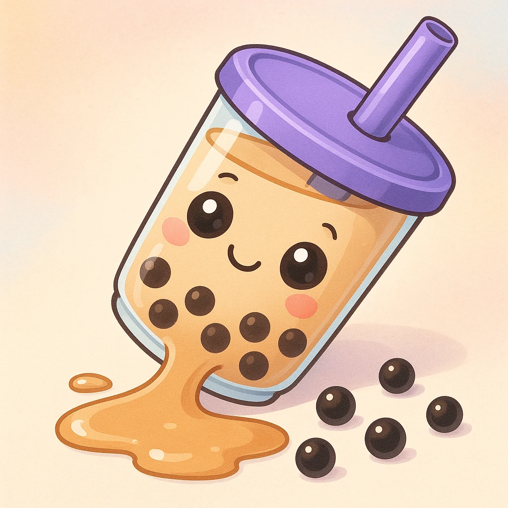 boba tea cup lying sideways, tea and pearls spilling out, cute and expressive emoji