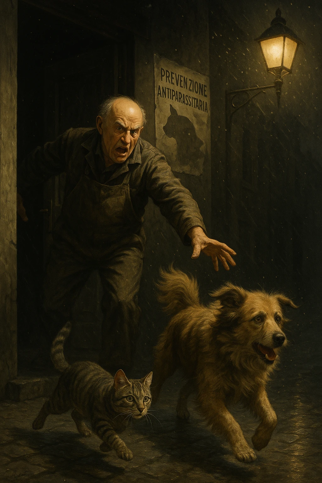 Un uomo anziano in tuta da lavoro, con espressione arrabbiata, butta fuori i suoi animali con aperta la porta di casa mentre il suo cane (un meticcio a pelo lungo) e il gatto (soriano) scappano nella strada buia sotto la pioggia. Particelle di polvere/pulci fluttuano nell'aria illuminata dal lampione. Sullo sfondo, un poster strappato del veterinario con scritto 'Prevenzione antiparassitaria'. Stile fotorealistico, illuminazione Caravaggesca, toni grigi e ocra. in italiano emoji