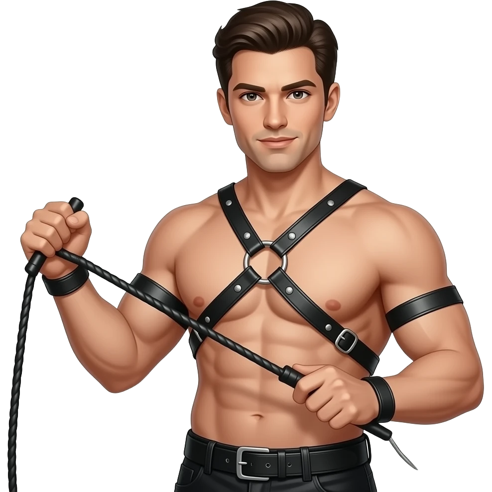 Sexy male dominator dressed in leather straps no shirtand holding a leather whip emoji