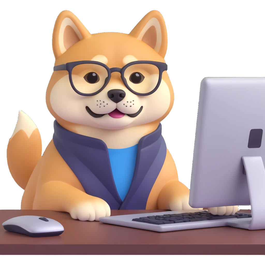 shiba inu with eye glasses and computer emoji