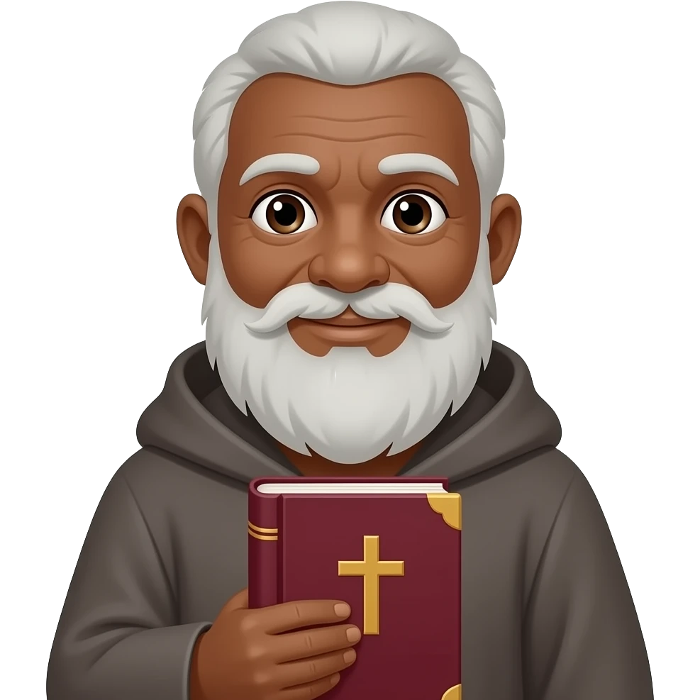 wise old man slight smile with grey hair robe slight brown eyes white beard black skin warm holding burgundy book that has a cross on it emoji