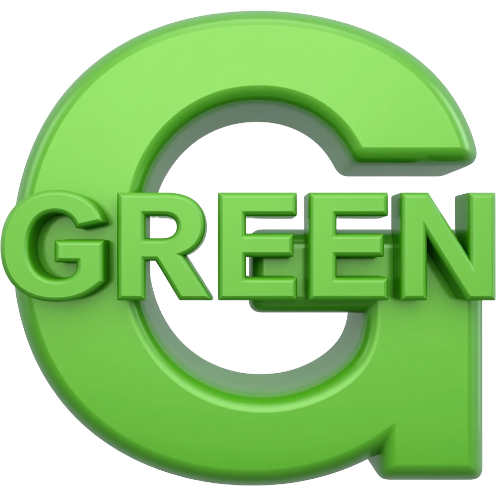 3D letters of the word GREEN in a green color. on one row. emoji