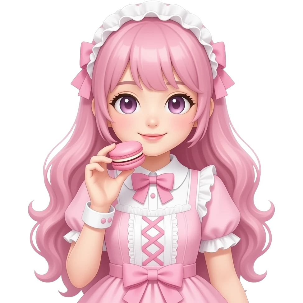 a light pink lolita hime gyaru dress with a macaron in hand, emoji style emoji