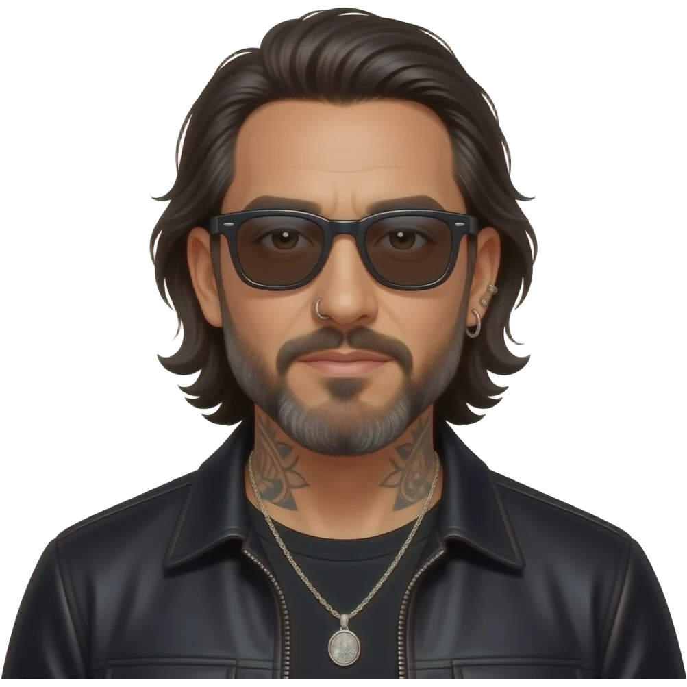 The handsome manly Latino podcast host with medium length hair, a long slightly graying beard and tattoos with his ears pierced 1 time each ear and a nose ring on the right side, dark brown eyes, wearing black, super dark sunglasses, jewelry, hanging out with his three sons emoji
