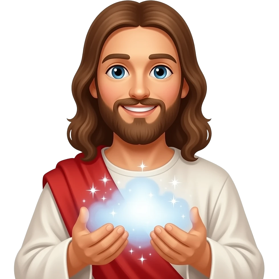 Jesus performing miracles with his hands which hold a mystical magic mist with sparkles and with a smile on his face emoji