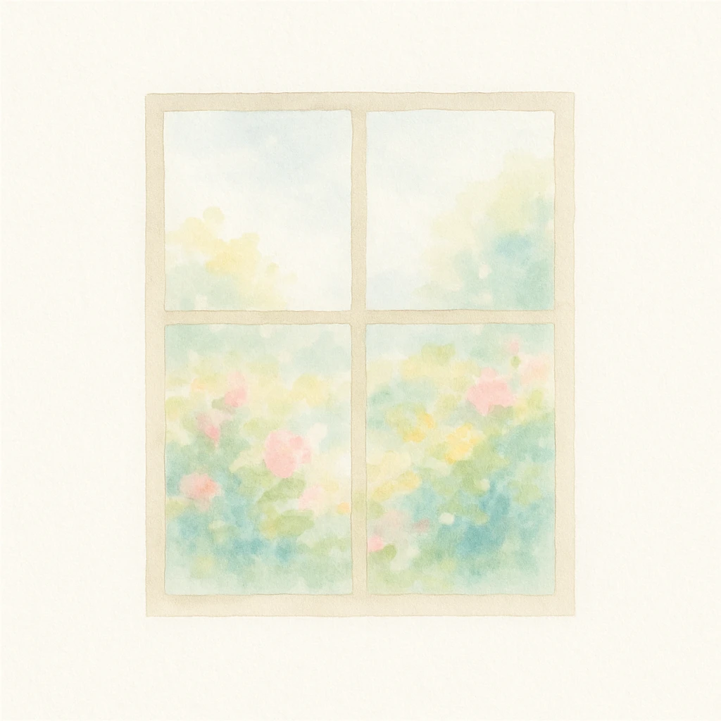Add a window with a lush garden view in the background, keeping the Monet-inspired impressionist watercolor style, 4:3 aspect ratio, soft pastel colors, vibrant garden scene outside the window. emoji