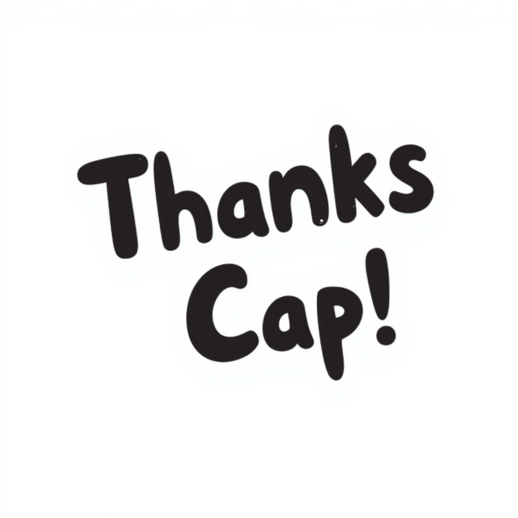 the phrase 'Thanks Cap!' in a hand-drawn doodle style, with whimsical lines and a casual, friendly vibe emoji